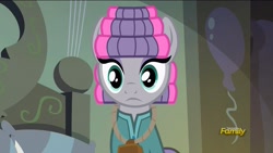 Size: 1920x1080 | Tagged: safe, screencap, character:maud pie, species:pony, episode:rock solid friendship, g4, my little pony: friendship is magic, bell, cowbell, discovery family logo, hair curlers, irrational unexuberance, shocked, solo
