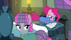 Size: 1920x1090 | Tagged: safe, screencap, character:maud pie, character:pinkie pie, species:pony, episode:rock solid friendship, g4, my little pony: friendship is magic, clothing, footie pajamas, hair curlers, pajamas, pinkie's bedroom