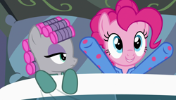 Size: 1920x1090 | Tagged: safe, screencap, character:maud pie, character:pinkie pie, species:pony, episode:rock solid friendship, g4, my little pony: friendship is magic, bed, clothing, hair curlers, pajamas