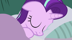 Size: 1920x1090 | Tagged: safe, screencap, character:starlight glimmer, species:pony, species:unicorn, episode:rock solid friendship, g4, my little pony: friendship is magic, bed, blanket, eyes closed, female, floppy ears, lying down, mare, pillow, sleeping, solo, starlight's room