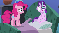 Size: 1920x1090 | Tagged: safe, screencap, character:pinkie pie, character:starlight glimmer, species:earth pony, species:pony, species:unicorn, episode:rock solid friendship, g4, my little pony: friendship is magic, bed, faec, female, floppy ears, mare, scared, sitting, starlight's room