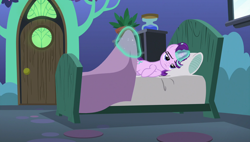 Size: 1920x1090 | Tagged: safe, screencap, character:starlight glimmer, species:pony, episode:rock solid friendship, g4, my little pony: friendship is magic, bed, magic, solo, starlight's room