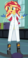 Size: 312x646 | Tagged: safe, screencap, character:sunset shimmer, episode:the science of magic, g4, my little pony:equestria girls, cropped, female, gloves, lab coat, rubber gloves, solo, sunset the science gal