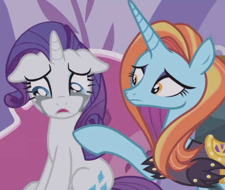 Size: 456x385 | Tagged: safe, screencap, character:rarity, character:sassy saddles, species:pony, episode:forever filly, g4, my little pony: friendship is magic, animated, comforting, crying, floppy ears, gif, loop, makeup, marshmelodrama, mascarity, patting, running makeup