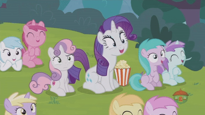 Size: 400x225 | Tagged: safe, screencap, character:aura, character:cotton cloudy, character:dinky hooves, character:liza doolots, character:noi, character:petunia, character:piña colada, character:rarity, character:ruby pinch, character:sweetie belle, character:tootsie flute, species:pony, episode:forever filly, g4, my little pony: friendship is magic, animated, food, gif, laughing, popcorn