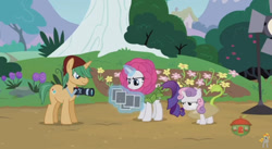 Size: 844x462 | Tagged: safe, screencap, character:rarity, character:snapshot, character:sweetie belle, species:pony, episode:forever filly, g4, my little pony: friendship is magic, flower costume, flowerity, magic, photographer, telekinesis