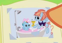 Size: 590x410 | Tagged: safe, screencap, character:rainbow dash, character:windy whistles, species:pony, episode:parental glideance, g4, my little pony: friendship is magic, animation error, baby, baby dash, baby pony, bubble bath