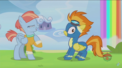 Size: 1366x768 | Tagged: safe, screencap, character:spitfire, character:windy whistles, species:pony, episode:parental glideance, g4, my little pony: friendship is magic, clothing, looking at you, rainbow, rainbow fall, uniform, wonderbolts uniform