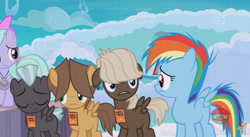 Size: 848x465 | Tagged: safe, screencap, character:dumbbell, character:flitter, character:hoops, character:rainbow dash, character:thunderlane, species:pony, episode:parental glideance, g4, my little pony: friendship is magic, participation ribbon