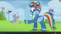 Size: 1600x900 | Tagged: safe, screencap, character:bow hothoof, character:rainbow dash, character:windy whistles, species:pony, episode:parental glideance, g4, my little pony: friendship is magic, animation error, backwards cutie mark, clothing, rainbow dash's parents, uniform, wing gesture, wingless, wonderbolts uniform