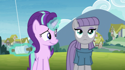 Size: 1920x1080 | Tagged: safe, screencap, character:maud pie, character:starlight glimmer, species:pony, episode:rock solid friendship, g4, my little pony: friendship is magic, cloud, kite, levitation, looking up, magic, meadow, mountain, path, ponyville, smiling, telekinesis, tree