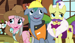 Size: 1920x1090 | Tagged: safe, screencap, character:dandy grandeur, character:hard hat, character:wrangler, species:pony, species:unicorn, episode:fluttershy leans in, g4, my little pony: friendship is magic, floppy ears, nervous laugh, raised eyebrow, skunk stripe, unsure