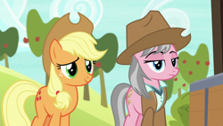 Size: 1920x1090 | Tagged: safe, screencap, character:applejack, character:wrangler, species:earth pony, species:pony, episode:fluttershy leans in, g4, my little pony: friendship is magic, duo, duo female, female, raised eyebrows