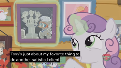 Size: 2560x1440 | Tagged: safe, screencap, character:chipcutter, character:sweetie belle, species:pony, episode:forever filly, g4, my little pony: friendship is magic, magic, meme, picture, picture frame, solo, youtube caption