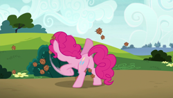 Size: 1280x720 | Tagged: safe, screencap, character:pinkie pie, species:earth pony, species:pony, episode:rock solid friendship, g4, my little pony: friendship is magic, back of head, female, mare, plot, solo, stingbush seed pods