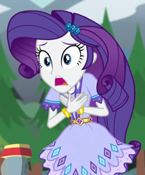 Size: 500x600 | Tagged: safe, screencap, character:rarity, equestria girls:legend of everfree, g4, my little pony:equestria girls, bracelet, cropped, hands on breasts, jewelry, lantern, mountain, solo, tree