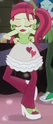 Size: 164x382 | Tagged: safe, screencap, character:captain planet, episode:shake your tail, equestria girls:rainbow rocks, g4, my little pony:equestria girls, background human, balloon, bow tie, bracelet, clothing, cropped, cup, ear piercing, earring, eyes closed, fall formal outfits, heart, high heels, jewelry, piercing, rose heart, shoes, sneakers