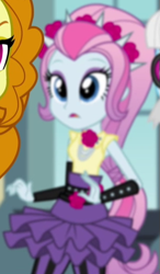 Size: 299x513 | Tagged: safe, screencap, character:adagio dazzle, character:photo finish, equestria girls:rainbow rocks, g4, my little pony:equestria girls, arm warmers, cropped, flower, flower in hair, rose, violet blurr