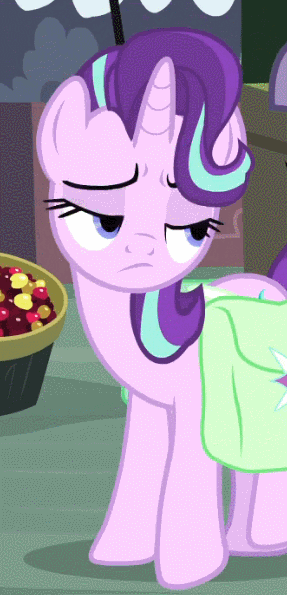 Size: 287x595 | Tagged: safe, screencap, character:starlight glimmer, species:pony, episode:rock solid friendship, g4, my little pony: friendship is magic, animated, doubt, gif, raised eyebrow, saddle bag, skeptical, solo, squint, suspicious