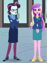 Size: 471x626 | Tagged: safe, screencap, character:dean cadance, character:princess cadance, character:principal abacus cinch, equestria girls:friendship games, g4, my little pony:equestria girls, cropped, crossed arms, doors, glasses, high heels, looking at you