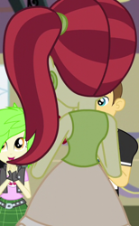 Size: 442x719 | Tagged: safe, screencap, character:cherry crash, equestria girls:friendship games, g4, my little pony:equestria girls, background human, cherry, cherry crash, chs rally song, clothing, cropped, ear piercing, earring, fingerless gloves, food, gloves, jewelry, piercing, plaid, rear view, rose heart, side ponytail, skirt, teddy t. touchdown