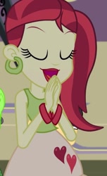 Size: 375x618 | Tagged: safe, screencap, character:cherry crash, equestria girls:friendship games, g4, my little pony:equestria girls, background human, bracelet, cherry crash, chs rally song, cropped, ear piercing, earring, eyes closed, heart, jewelry, lipstick, open mouth, piercing, rose heart, smiling, solo focus, teddy t. touchdown