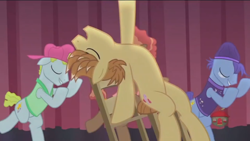 Size: 1366x768 | Tagged: safe, screencap, character:feather bangs, species:pony, episode:hard to say anything, g4, my little pony: friendship is magic, backup dancers, chair, flashdance, glamor trot, parody, reference, smooth vibes, stereo mix, stupid sexy feather bangs