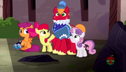 Size: 1336x764 | Tagged: safe, screencap, character:apple bloom, character:big mcintosh, character:scootaloo, character:sweetie belle, species:earth pony, species:pegasus, species:pony, episode:hard to say anything, g4, my little pony: friendship is magic, binoculars, cutie mark, cutie mark crusaders, dressup, faec, female, filly, male, missing cutie mark, prince outfit, ruff (clothing), stallion, the cmc's cutie marks