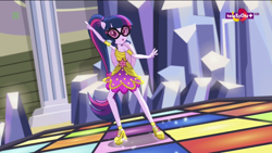 Size: 1600x900 | Tagged: safe, screencap, character:twilight sparkle, character:twilight sparkle (scitwi), species:eqg human, equestria girls:dance magic, g4, my little pony:equestria girls, dance magic (song), dancing, looking at you, ponied up, scitwilicorn, solo, teletoon