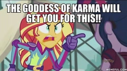 Size: 600x337 | Tagged: safe, screencap, character:sunset shimmer, character:twilight sparkle, character:twilight sparkle (scitwi), species:eqg human, equestria girls:friendship games, g4, my little pony:equestria girls, angry, exploitable meme, image macro, meme, ridonculous race, sunset yells at twilight