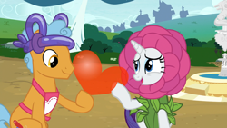 Size: 1920x1080 | Tagged: safe, screencap, character:rarity, species:earth pony, species:pony, species:unicorn, episode:forever filly, g4, my little pony: friendship is magic, balloon, female, flower costume, flowerity, heart balloon, male, mare, shipping fuel, stallion, twisty pop