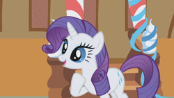 Size: 1280x720 | Tagged: safe, screencap, character:rarity, species:pony, species:unicorn, episode:griffon the brush-off, cute, female, mare, open mouth, raised hoof, raribetes, smiling, solo, sugarcube corner