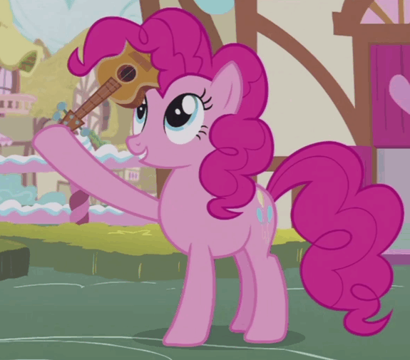 Size: 575x505 | Tagged: safe, screencap, character:pinkie pie, species:pony, episode:honest apple, g4, my little pony: friendship is magic, animated, gif, guitar, hammerspace hair, pinkie being pinkie, pinkie physics