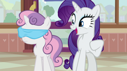Size: 1280x720 | Tagged: safe, screencap, character:rarity, character:sweetie belle, species:pony, episode:forever filly, g4, my little pony: friendship is magic, blindfold