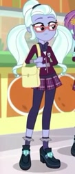 Size: 193x441 | Tagged: safe, screencap, character:sugarcoat, character:sunny flare, equestria girls:dance magic, g4, my little pony:equestria girls, bag, clothing, cropped, crystal prep academy uniform, female, glasses, pants, school uniform, shoes, skirt, socks, solo focus