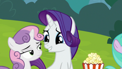 Size: 1920x1090 | Tagged: safe, screencap, character:alula, character:pluto, character:rarity, character:sweetie belle, species:pony, episode:forever filly, g4, my little pony: friendship is magic, lip bite, unamused
