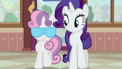 Size: 1920x1090 | Tagged: safe, screencap, character:rarity, character:sweetie belle, species:pony, episode:forever filly, g4, my little pony: friendship is magic, blindfold