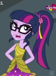 Size: 356x480 | Tagged: safe, screencap, character:twilight sparkle, character:twilight sparkle (scitwi), species:eqg human, equestria girls:dance magic, g4, my little pony:equestria girls, arm behind back, clothing, cropped, dress, glasses, open mouth, ponytail, sarcasm, skirt, sleeveless, solo, teletoon
