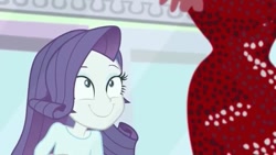 Size: 724x407 | Tagged: safe, screencap, character:rarity, equestria girls:dance magic, g4, my little pony:equestria girls, c:, clothing, dress, faec, grin, looking up, red dress, smiling, solo
