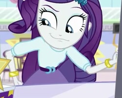 Size: 552x446 | Tagged: safe, screencap, character:rarity, equestria girls:dance magic, g4, my little pony:equestria girls, bracelet, clothing, faec, hand on butt, jewelry, looking down, skirt, smiling, smirk, solo
