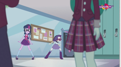 Size: 1152x638 | Tagged: safe, screencap, character:cold forecast, character:rarity, character:twilight sparkle, character:twilight sparkle (scitwi), species:eqg human, equestria girls:dance magic, g4, my little pony:equestria girls, background human, boots, bow tie, bracelet, clothing, crystal prep academy, crystal prep academy uniform, door, glasses, high heel boots, hoodie, jewelry, lockers, mary janes, pleated skirt, ponytail, school, school uniform, shoes, skirt, sneaking, socks, teletoon