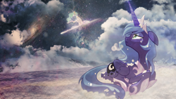 Size: 1920x1080 | Tagged: safe, artist:equestria-prevails, artist:rizcifra, artist:vipeydashie, edit, character:princess celestia, character:princess luna, species:alicorn, species:pony, female, filly, mare, photoshop, snow, space, wallpaper, wallpaper edit, woona, younger