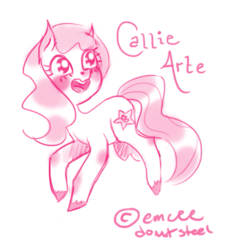 Size: 835x880 | Tagged: safe, artist:mcponyponypony, oc, oc only, oc:callie arte, species:earth pony, species:pony, blushing, calarts, donut steel, monochrome, open mouth, parody, raised hoof, simple background, smiling, solo, tumblr, white background