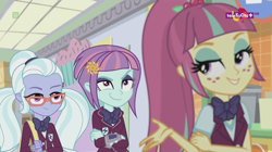 Size: 1136x638 | Tagged: safe, screencap, character:sour sweet, character:sugarcoat, character:sunny flare, equestria girls:dance magic, g4, my little pony:equestria girls, bow tie, canterlot mall, clothing, crossed arms, crystal prep academy uniform, crystal prep shadowbolts, evil grin, female, flower, flower in hair, freckles, glasses, grin, group, mall, ponytail, school uniform, smiling, smirk, smug, teletoon, trio, trio female