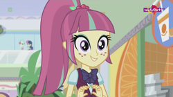 Size: 1136x638 | Tagged: safe, screencap, character:bon bon, character:lyra heartstrings, character:sour sweet, character:sweetie drops, equestria girls:dance magic, g4, my little pony:equestria girls, bow tie, canterlot mall, clothing, crystal prep academy uniform, cute, female, happy, mall, ponytail, school uniform, smiling, sourbetes, teletoon