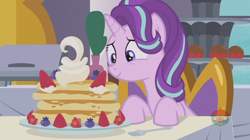 Size: 1232x690 | Tagged: safe, screencap, character:starlight glimmer, species:alicorn, species:pony, episode:a royal problem, g4, my little pony: friendship is magic, food, pancakes, solo