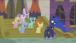 Size: 1920x1080 | Tagged: safe, screencap, character:miss hackney (g4), character:princess luna, species:pony, species:unicorn, episode:a royal problem, g4, my little pony: friendship is magic, colt, female, filly, indian summer, lilac ice, male, raspberry cream, smiling, swapped cutie marks, teal shores