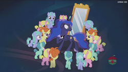 Size: 1920x1080 | Tagged: safe, screencap, character:princess luna, species:pony, episode:a royal problem, g4, my little pony: friendship is magic, female, filly, indian summer, lilac ice, mirror, nightmare, raspberry cream, teal shores, teeth