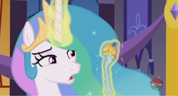Size: 1366x735 | Tagged: safe, screencap, character:princess celestia, species:alicorn, species:pony, episode:a royal problem, g4, my little pony: friendship is magic, blueberry, eating, female, food, fork, hot cakes, mare, pancakes, solo