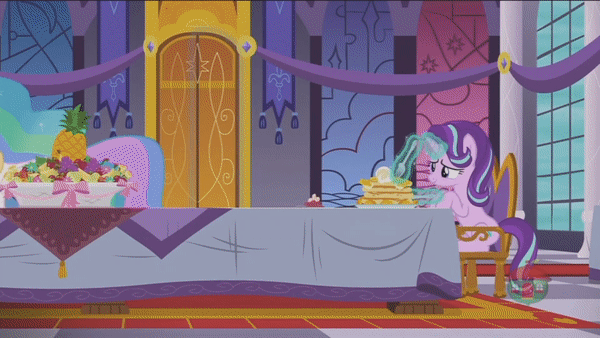 Size: 600x338 | Tagged: safe, screencap, character:princess celestia, character:princess luna, character:starlight glimmer, species:alicorn, species:pony, episode:a royal problem, g4, my little pony: friendship is magic, animated, bags under eyes, banana, do you like bananas?, faec, female, food, gif, mare, pancakes, tired, treehouse logo
